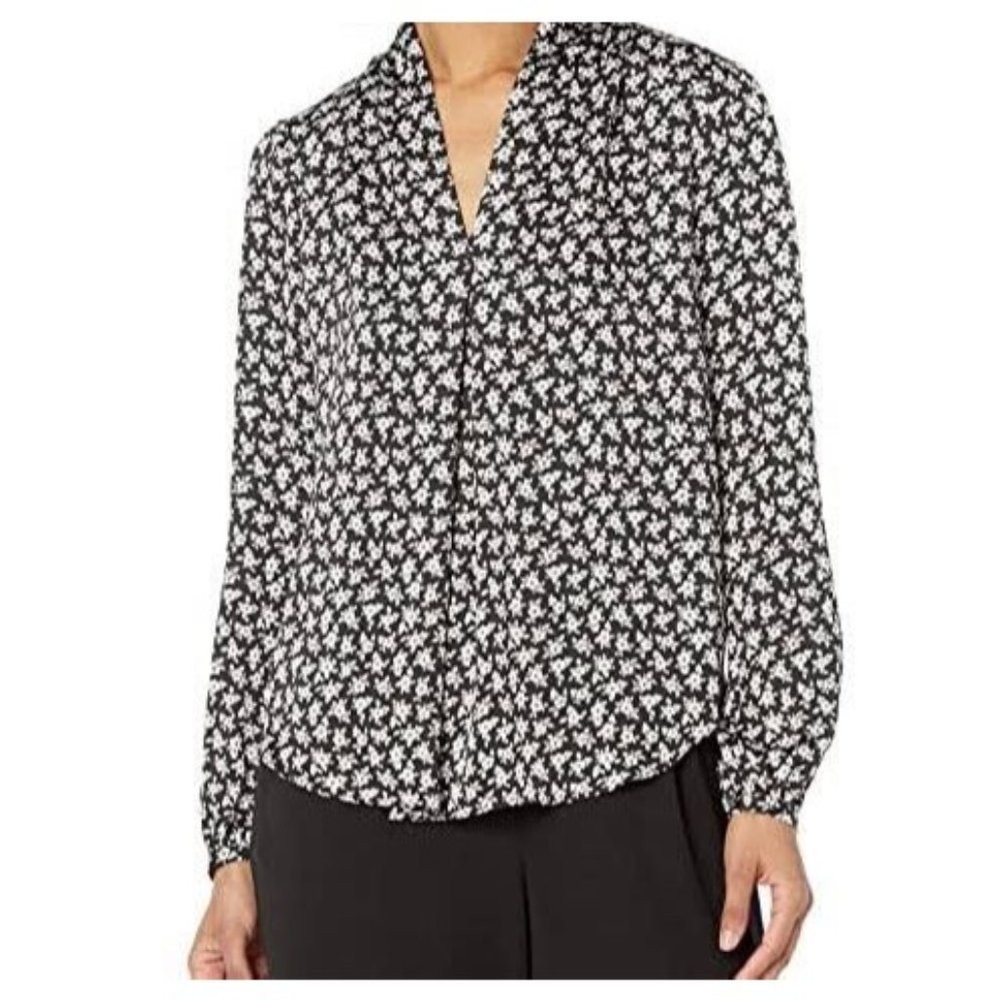 MICHAEL KORS Black Mini Hibiscus Floral Long Sleeve V Neck Blouse Plus size‎  3X